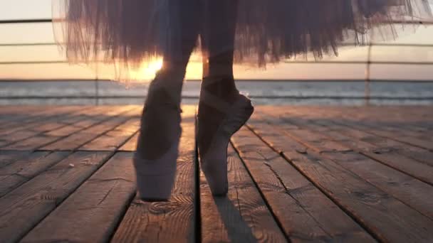 Primo piano dei piedi ballerine, riscaldandosi fuori sul marciapiede vicino al mare, camminando in punta di piedi. Sole splende sullo sfondo — Video Stock