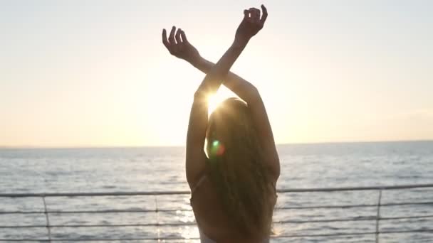 Молодая женщина, поднимая руки, медленно идет на заднем плане моря. Вид сзади на стройную девушку, наслаждающуюся солнечной и морской летней энергией — стоковое видео