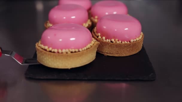 Filmagem frontal Steadicam da moderna sobremesa vitrificada rosa europeia em cutaway. Culinária, padaria, conceito de pastelaria — Vídeo de Stock