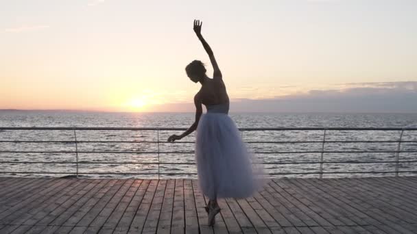 Joven y hermosa bailarina baila con gracia en sus zapatos de ballet puntiagudos, Shes spinning. Lleva un vestido de tutú blanco. Filmación desde atrás, bailando en un piso de madera. Marítimo — Vídeos de Stock