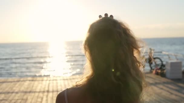 Vue de derrière d'une fille méconnaissable marchant par une journée ensoleillée. Jeune femme aux cheveux longs profitant de la vie pendant les vacances. Paysage de bord de mer en arrière-plan. Soleil d'été — Video