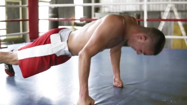 Hombre joven en pantalones cortos de boxeo rojo entrenar en el club de boxeo. Vista lateral de chico caucásico haciendo flexiones ejercicio en los puños, entrenamiento en interiores — Vídeos de Stock