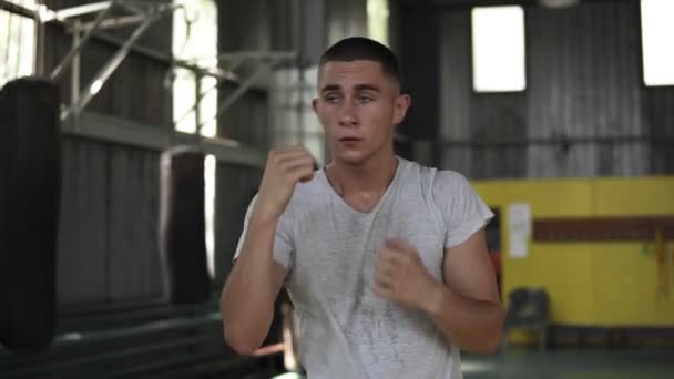 Filmagem frontal de um processo de treinamento. Jovem lutando boxe com oponente invisível, aquecendo. masculino boxer no branco t-shirt trabalhando fora no ginásio — Vídeo de Stock
