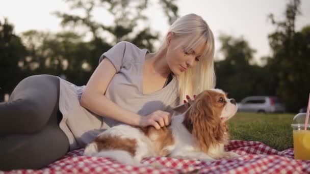 Porträtt av en blond kvinna i grå leggings och ljusa grå t-shirt handpåläggning Pläden med hennes lilla hund, smekning och tittar på sin smartphone. Grön stadspark — Stockvideo