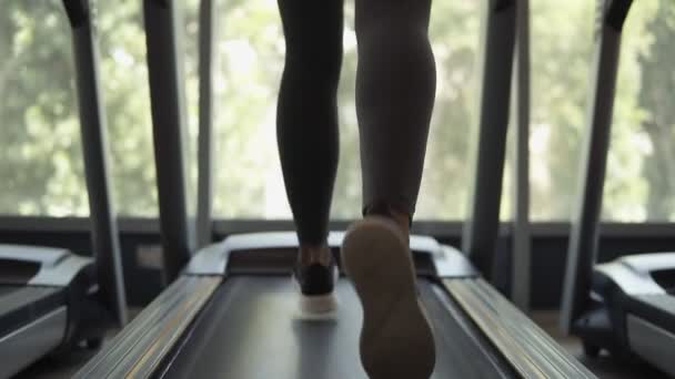 Ajuste mujer en sujetador negro polainas grises corriendo en una de correr en frente de la ventana panorámica el gimnasio. Vista trasera — Vídeo de stock © Patramansky