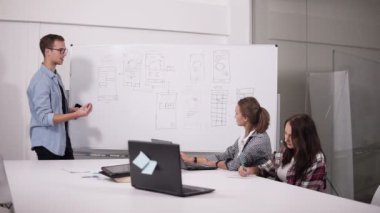 İş takım projesi veya fikir tartışmak. Capacitación, yönetici, başlangıç kavramı. Ofis masası ve adam sunu çalışma boardpartner yakın oturan iki kadın. Takım çalışması. Önden görünüm