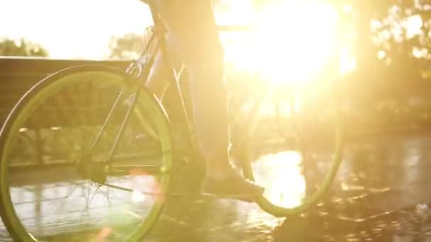 Primer plano de imágenes de pies femeninos en bicicleta en el parque de la mañana o bulevar. Vista lateral de una mujer joven montando una bicicleta de trekking, usando zapatillas de deporte y jeans. El sol brilla en el fondo — Vídeos de Stock