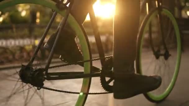 Close up footage of male feet cycling a bicycle in the morning park by paved road. Side view of a young man riding a trekking bike with green wheels, wearing black sneakers. Lens flares on the — Stock Video