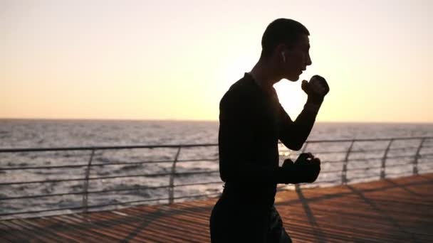 Cena linda de uma silhueta boxeadora masculina lutando com oponente invisível na frente do mar com o sol da manhã brilhando atrás. Fazendo socos, exercendo ao ar livre — Vídeo de Stock