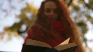 Tezgah ve okuma kitabı parkta oturup uzun kıvırcık Kızıl saçlı memnun genç bayan portresi. Düşük açılı görüntüleri. Sonbahar gökyüzü ve sarı yaprakları ağaçların arka planda