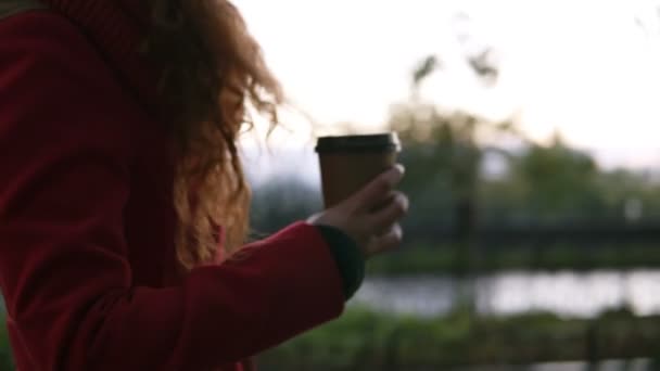 Jeune femme en manteau rouge boit du café dans la rue tout en marchant sur la journée froide d'automne. Gros plan des mains avec brun emporter tasse de café chaud. Tête rouge femme marchant par ville pluvieux parc — Video