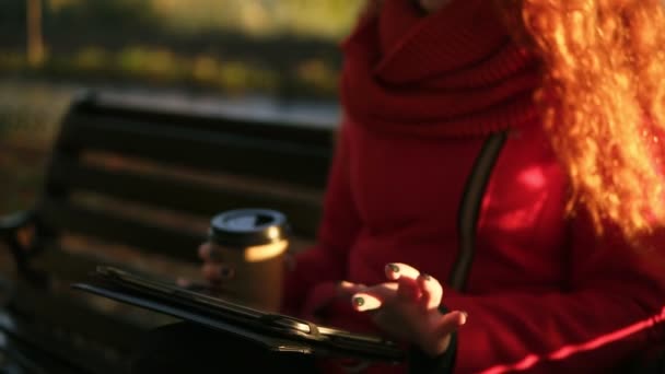 Donna in rosso in possesso di caffè in una mano e digitando sul tablet mentre seduto sulla panchina nel parco durante il tempo autunnale. Ragazza rossa che controlla i social media, si rilassa. Il sole splende sullo sfondo. Da vicino. — Video Stock