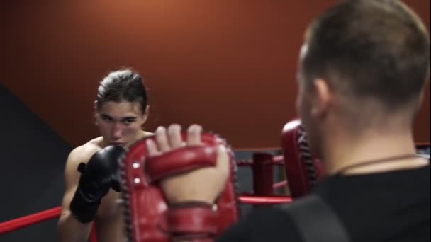 Treino de kickboxer sem camisa com o treinador. Um desportista de luvas de boxe a trabalhar com patas de boxe. O conceito de desporto, boxe, homens, golpes. Imagens portáteis — Vídeo de Stock