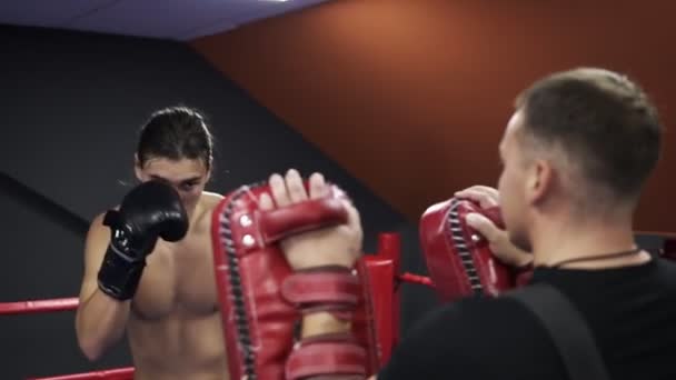 Motiviertes Kickboxtraining mit Trainer in Boxpfoten mit Boxhandschuhen. Vorbereitung auf den Wettbewerb. Schweißgesicht, hemdsloses Training im Fitnessstudio, harte Arbeit — Stockvideo