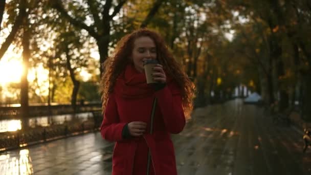 Femme rousse marchant sur un parc de la ville. Par temps froid, elle porte un manteau de couleur rouge et une écharpe tricotée. Belle fille aux cheveux longs et souriante boit du café de la tasse "à emporter". Feux de visée, lumière du soleil dorée — Video