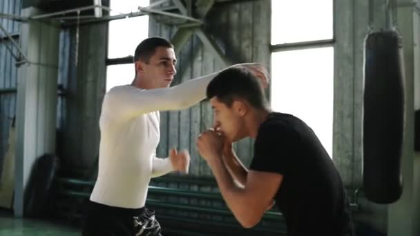 两个高加索拳击手正在训练, 一拳打在脸上, 一种打击的技术, 一个立场, 保护和耐力。害羞远离打击保护的脸。拳击训练在一起 — 图库视频影像