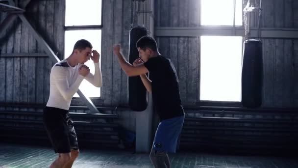 Zwei professionelle Boxer trainieren, einen Schlag ins Gesicht, eine Schlagtechnik, einen Stand, Schutz und Ausdauer. Das Konzept: Liebe zum Sport, junge Boxer. Turnhalle im alten Stil — Stockvideo
