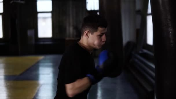 Der gut aussehende Boxer schlägt mit schwarzen Handschuhen auf die schwere Tasche ein. Sport, Boxring Hintergrund. Zeitlupe — Stockvideo