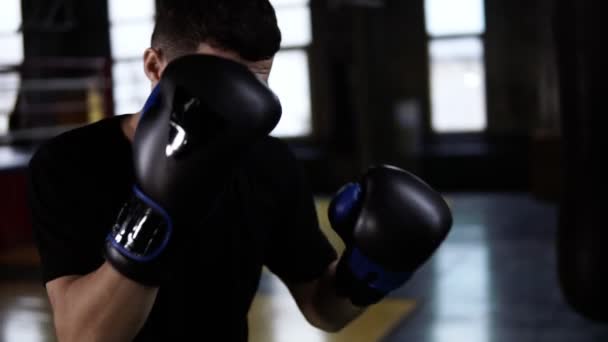 Mannen i svart T-shirt, determinated boxare att göra strejker på en boxning väska inomhus i gymmet. Fighter utbildning ensam i slow motion — Stockvideo