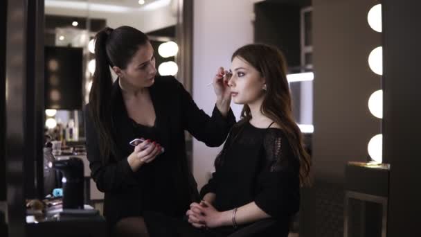 Professionell makeupartist i arbetsprocessen - korrigerar ögonbrynen med borste och brun brynskuggor. Sidovy — Stockvideo