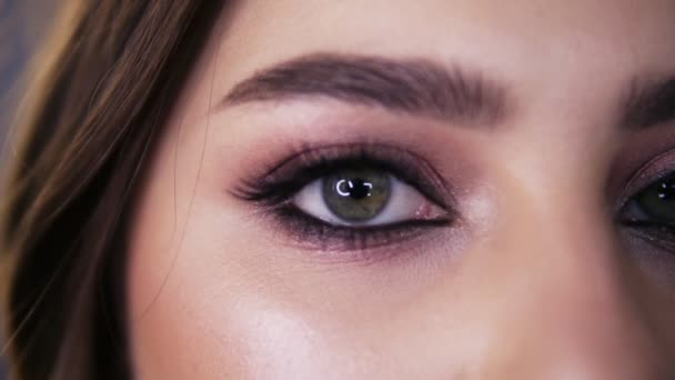 Detailní makro portrét ženské tváře. Mladá dívka se zelenýma očima s krásný make-up a dlouhé černé řasy. Dívka s dokonalou pleť a pihy otevřít oči — Stock video
