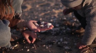 Gri giysiler ve anne küçük yürümeye başlayan birlikte zaman geçirmek ve arıyor, toplama ve kum plaj sahil deniz kabukları toplama. Güzel hava. Görüntüleri kapat
