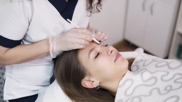 Menina deitada no sofá durante o tratamento eyebrowes na beleza do estúdio, esteticista depilando e moldando sobrancelhas no salão de beleza, aplicando um pouco de cera entre as sobrancelhas — Vídeo de Stock