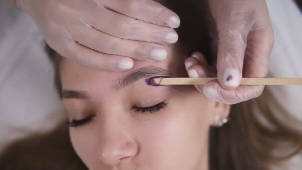 Menina bonita jovem está deitada no sofá durante o tratamento eyebrowes na beleza do estúdio, esteticista depilação e moldar as sobrancelhas no salão de beleza. Mestre aplicando uma linha de cera sob a testa usando um pau — Vídeo de Stock