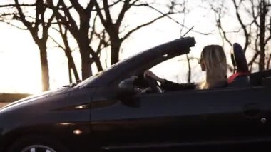 Şık, genç sarışın kadın onu beatiful siyah sportif cabrio araba sürüş. Yan, yavaş çekim görüntüleri. Ilımlı, akşam yaz güneşinde ağaçların siluetleri