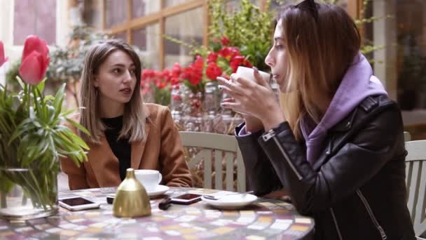카페에서 함께 커피를 즐기는 두 여성. 그들은 커피숍테이블에 앉아 대화를 나누고 있습니다. 슬로우 모션. 사람, 여가, 우정, 소통 개념 — 비디오