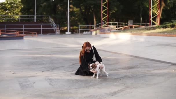 Filmati al rallentatore di una giovane donna dai capelli lunghi in abito nero e occhiali da sole alla moda che passeggia nel parco verde con il suo cagnolino. Si sieda per accarezzarla, poi prenda le braccia e si baci. Giornata estiva — Video Stock