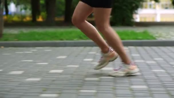 Closeup of female athletes feet running at the park. Fitness woman jogging outdoors. Exercising on park pavement. Healthy, fitness, wellness lifestyle. Sport, cardio, workout concept. Side view — Stock Video