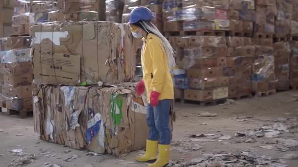 Hulladékpapír kirakodása egy raktárban elektromos autó, amit egy női dolgozó irányít kemény kalapban és sárga kabátban. Nyomott kartondoboz hatalmas készletei — Stock videók