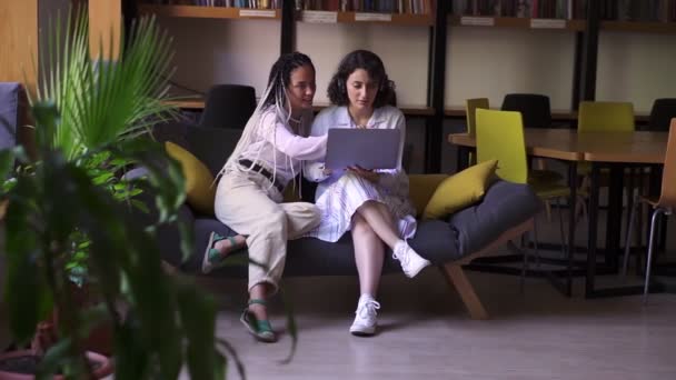 Twee stijlvolle, gefocuste vriendinnen die samen op een grijze en gele bank zitten met één laptop, studerend of bladerend door de smth. Twee studenten die op afstand werken met één laptop. Modern interieur — Stockvideo