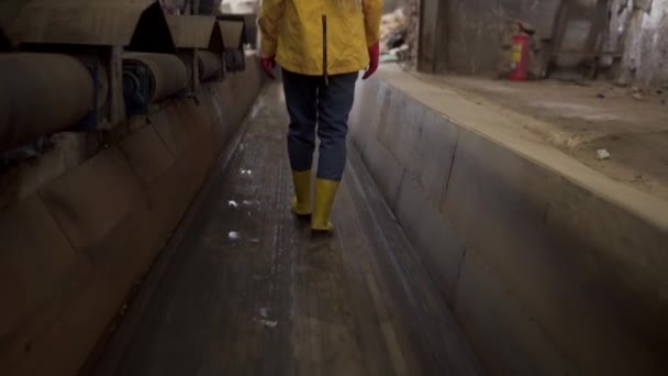 Σπάνια άποψη πλάνα ενός κοριτσιού σε προστατευτικά ρούχα εργασίας - με τα πόδια από τη μετακίνηση μεταφορέα αποβλήτων εργοστάσιο ανακύκλωσης, τεράστια περιοχή με μεταχειρισμένα μπουκάλια, διαφορετικά απόβλητα και σκουπίδια — Αρχείο Βίντεο