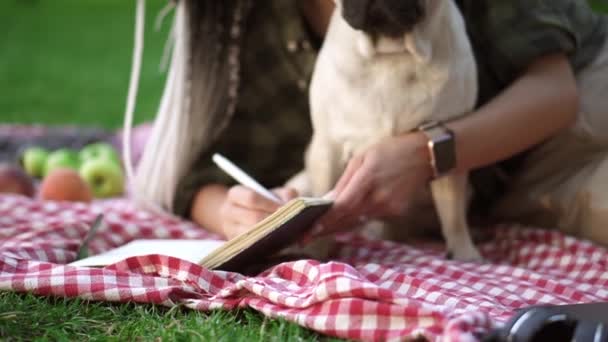 Portrait of a girl laying on plaid on lawn in a park and making notes while little pug sitting next to her — Stock Video