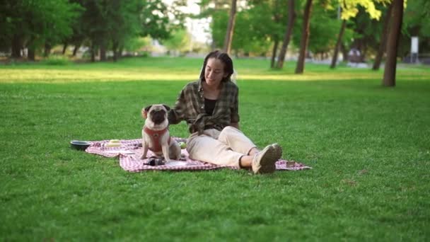 Chica sonriente sentada en cuadros en el césped en un parque cachorro entero sentado delante de ella, ella lo acaricia — Vídeo de stock