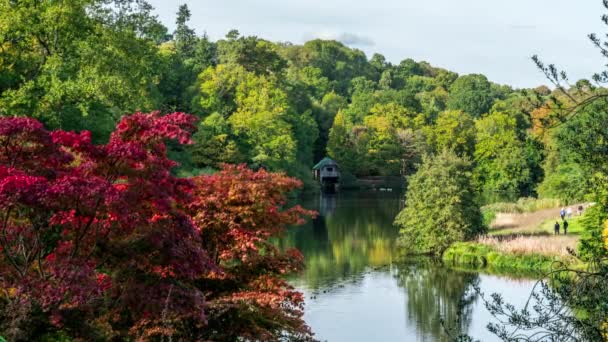 Sjöboden på kanten av Rowes Flashe sjö på Winkworth Arboretum, i Surrey, England, Uk — Stockvideo