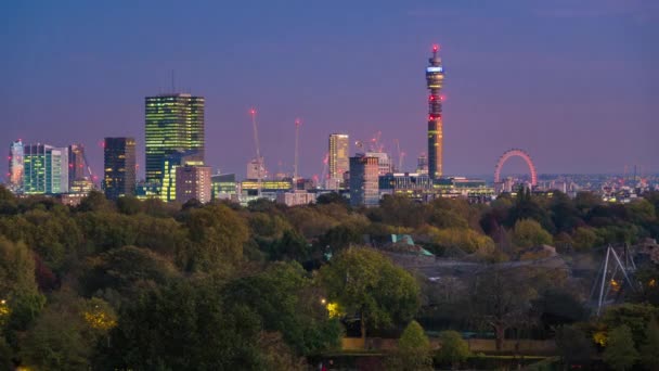 Vue du crépuscule sur les toits de Londres depuis Primrose Hill Park — Video