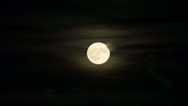 Нічне небо з повним місяцем у хмарах, проміжок часу — стокове відео