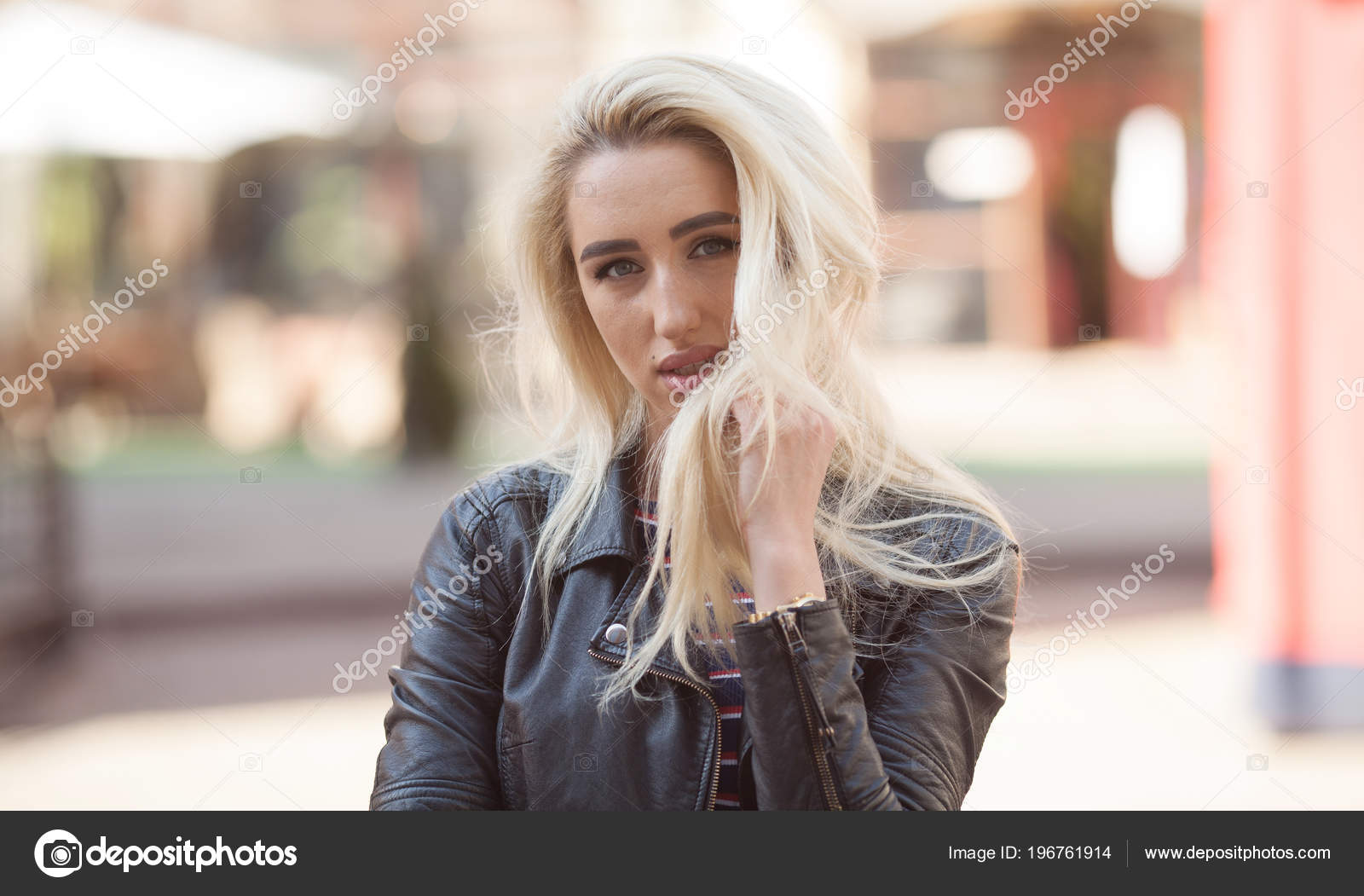 Close Portrait Young Blonde Girl Beautiful Eyes Wearing Black