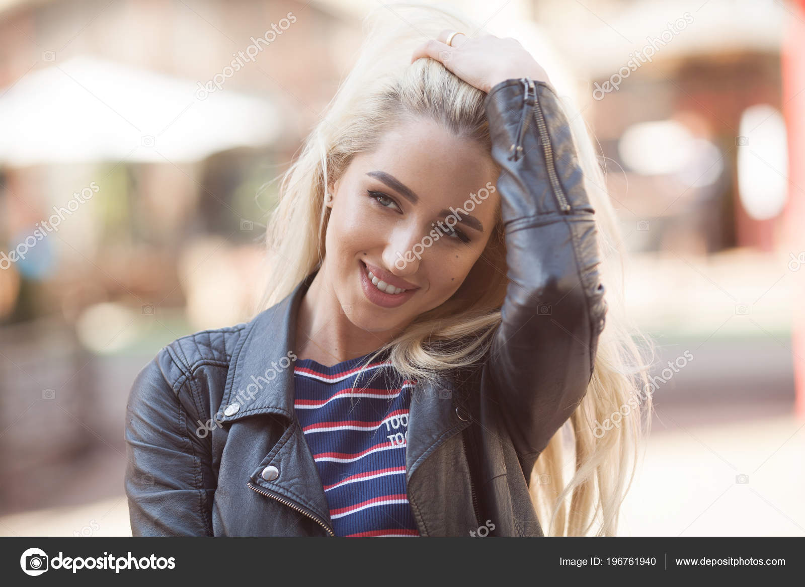 Close Portrait Young Blonde Girl Beautiful Eyes Wearing Black