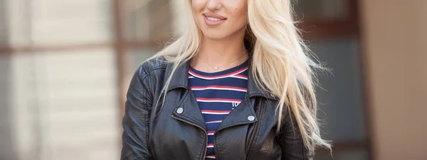 Close Portrait Young Blonde Girl Beautiful Eyes Wearing Black Jacket — Stock Photo, Image