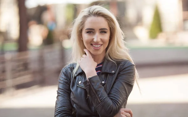 Close Portrait Young Blonde Girl Beautiful Eyes Wearing Black Jacket — Stock Photo, Image