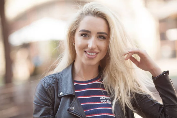 Close Portrait Young Blonde Girl Beautiful Eyes Wearing Black Jacket — Stock Photo, Image