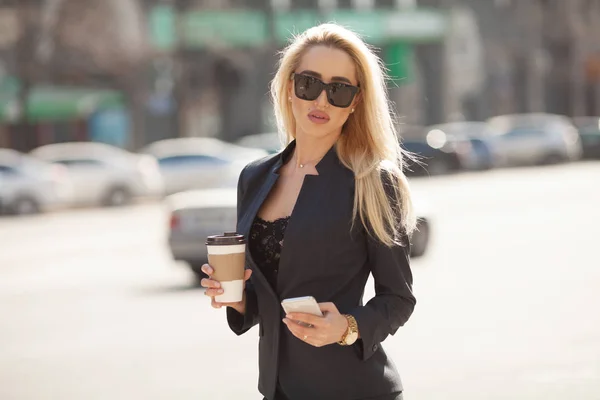 Successful Businesswoman Cellphone While Walking Outdoor City Business Woman Working — Stock Photo, Image