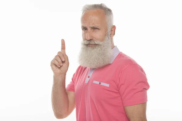 Porträtt Leende Bearded Man Pekar Finger Bort Isolerade Vit Bakgrund — Stockfoto
