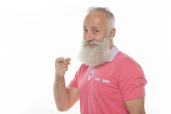 Porträtt Leende Bearded Man Pekar Finger Bort Isolerade Vit Bakgrund — Stockfoto