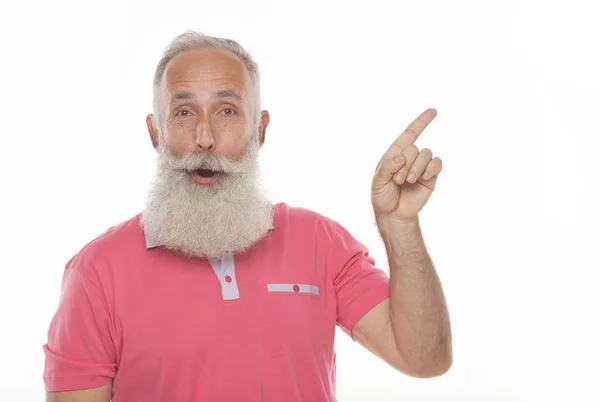 Retrato Homem Barbudo Sorridente Apontando Dedos Isolados Fundo Branco — Fotografia de Stock