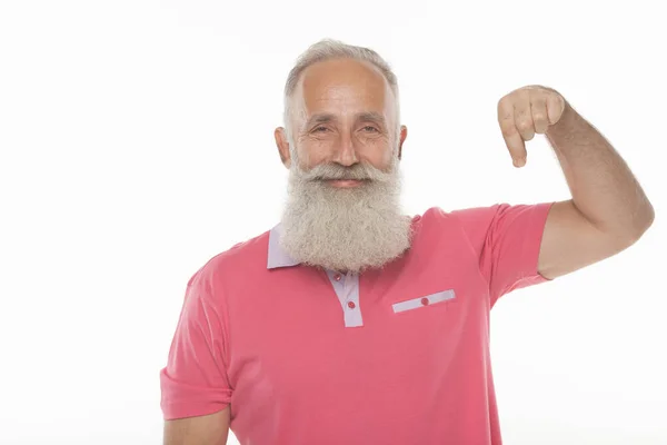 Retrato Homem Barbudo Segurando Copyspace Com Mãos Gesto Isolado Fundo — Fotografia de Stock